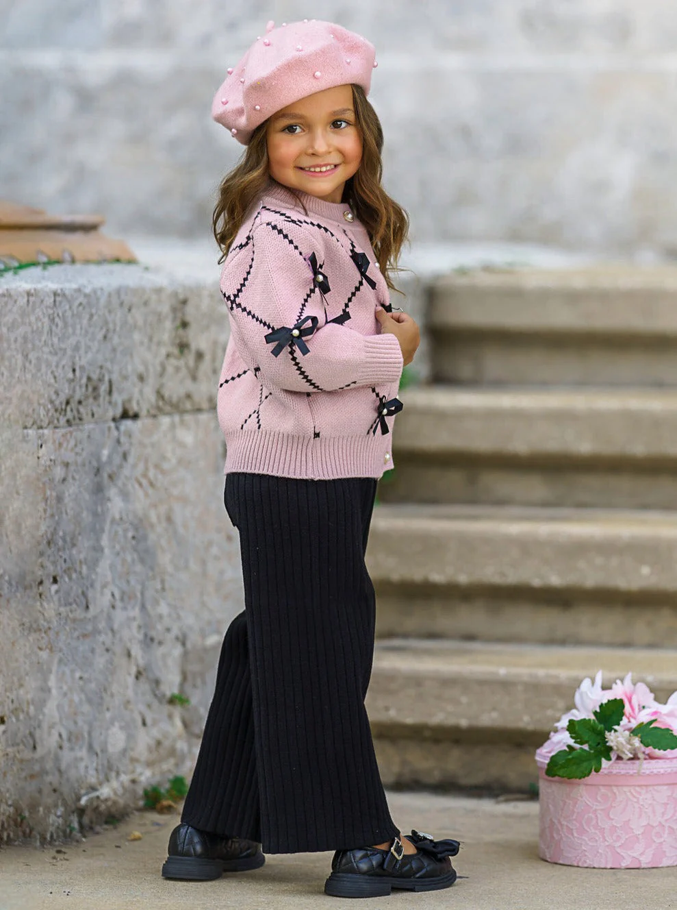 Darling Fashionista Bow-Embellished Pink Sweater and Pants Set - Image 4