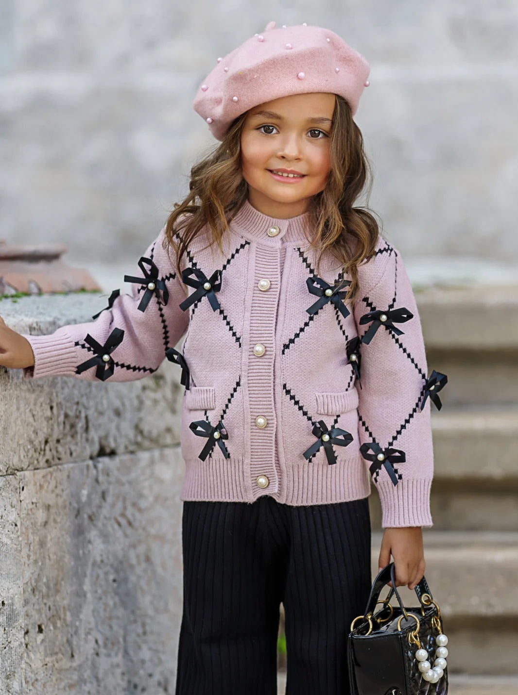 Darling Fashionista Bow-Embellished Pink Sweater and Pants Set - Image 5