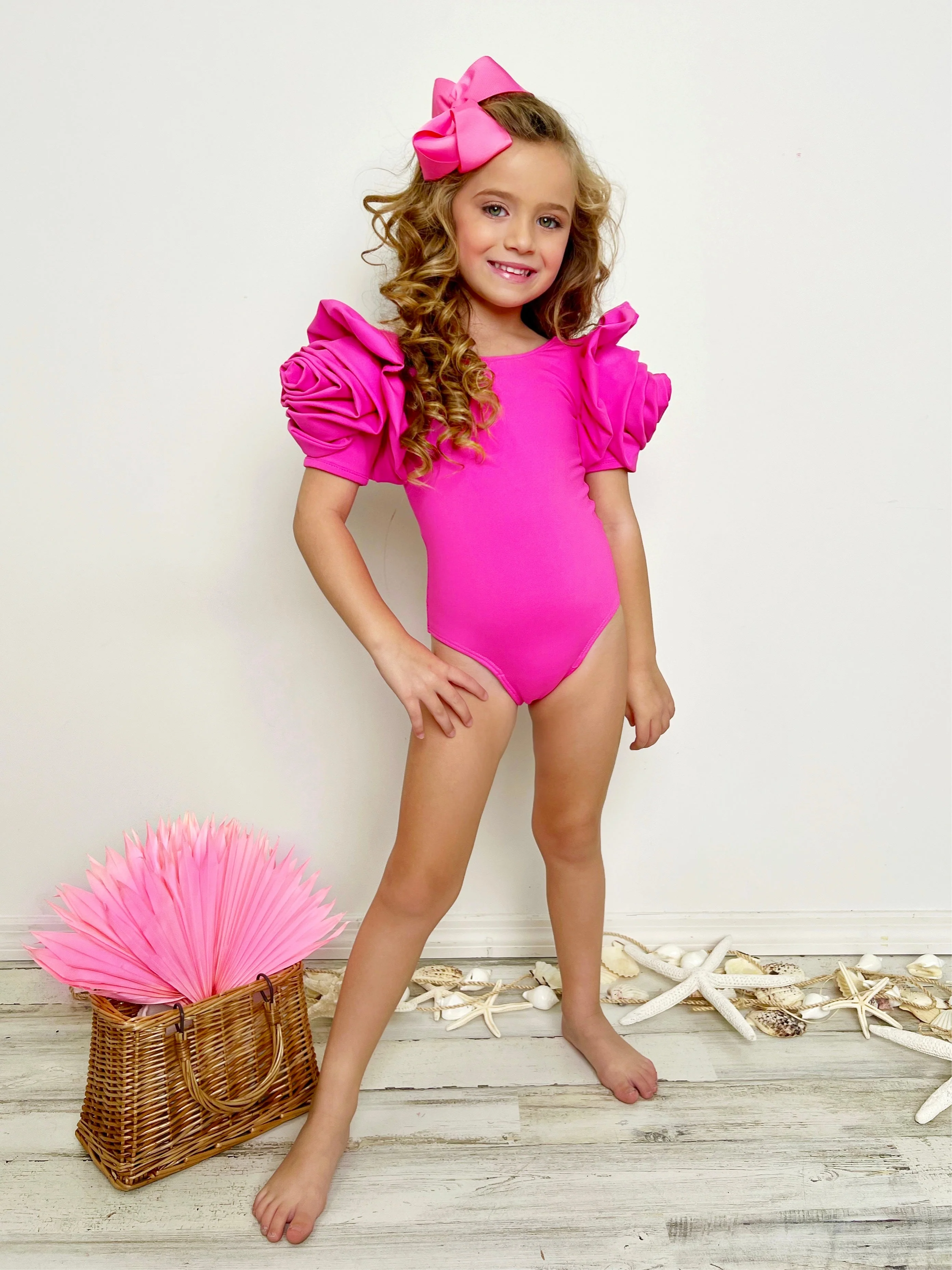 Blooming Rose Sleeve Pink One Piece Swimsuit - Image 3