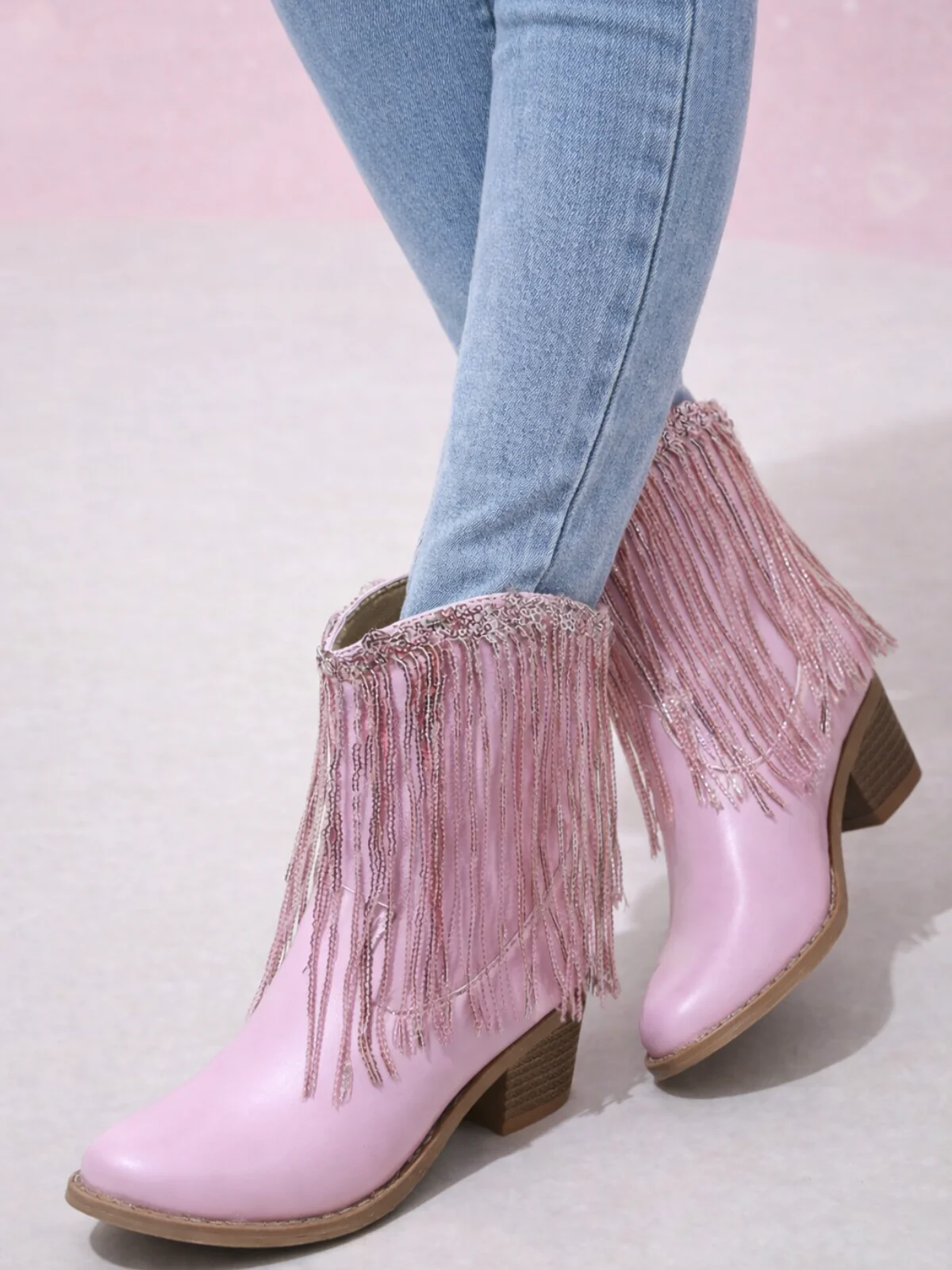 Blushing Rodeo Pink Fringe Cowboy Boots By Liv and Mia - Image 3