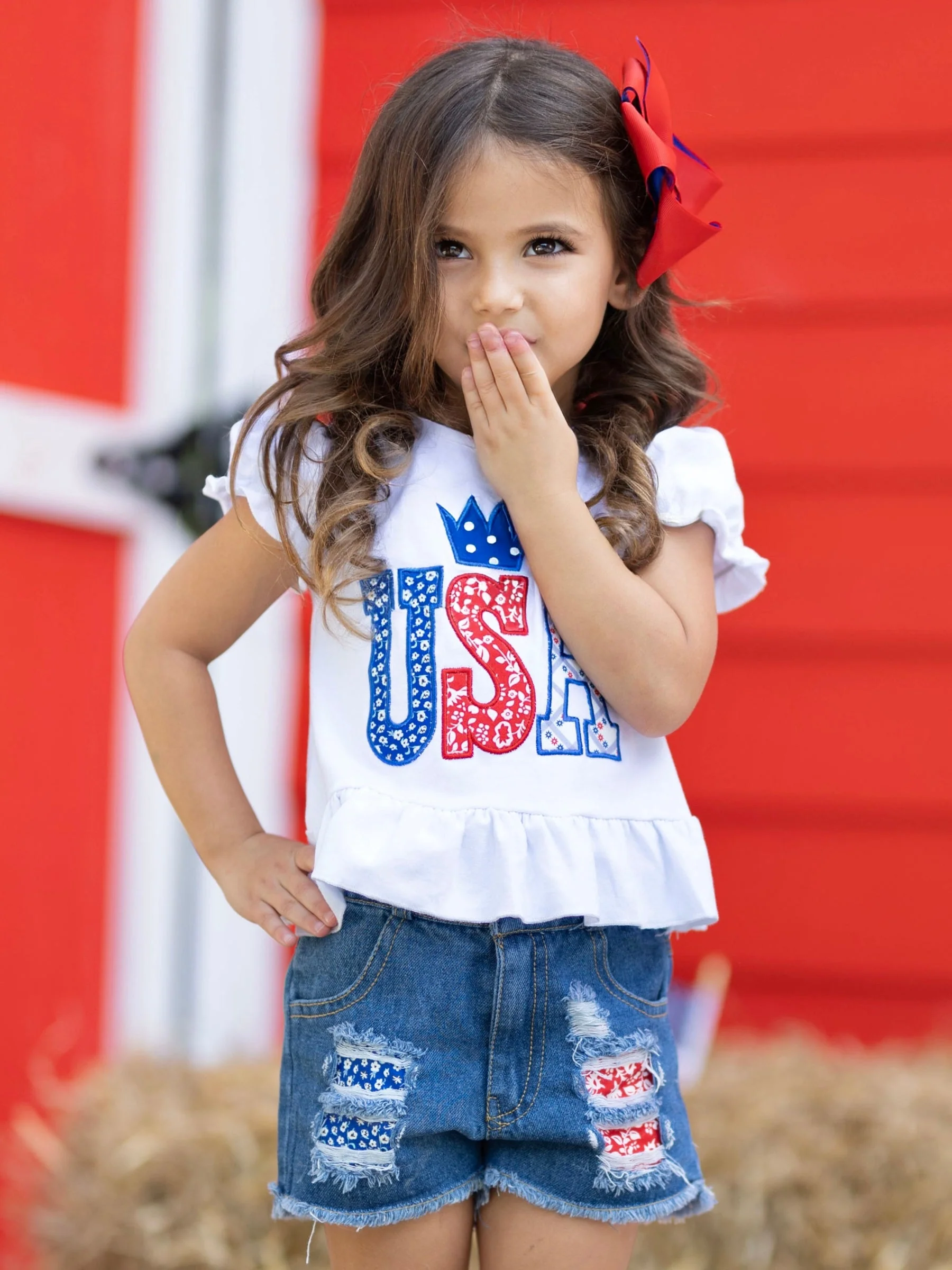 USA Sequin Patched Denim Shorts Set - Image 3