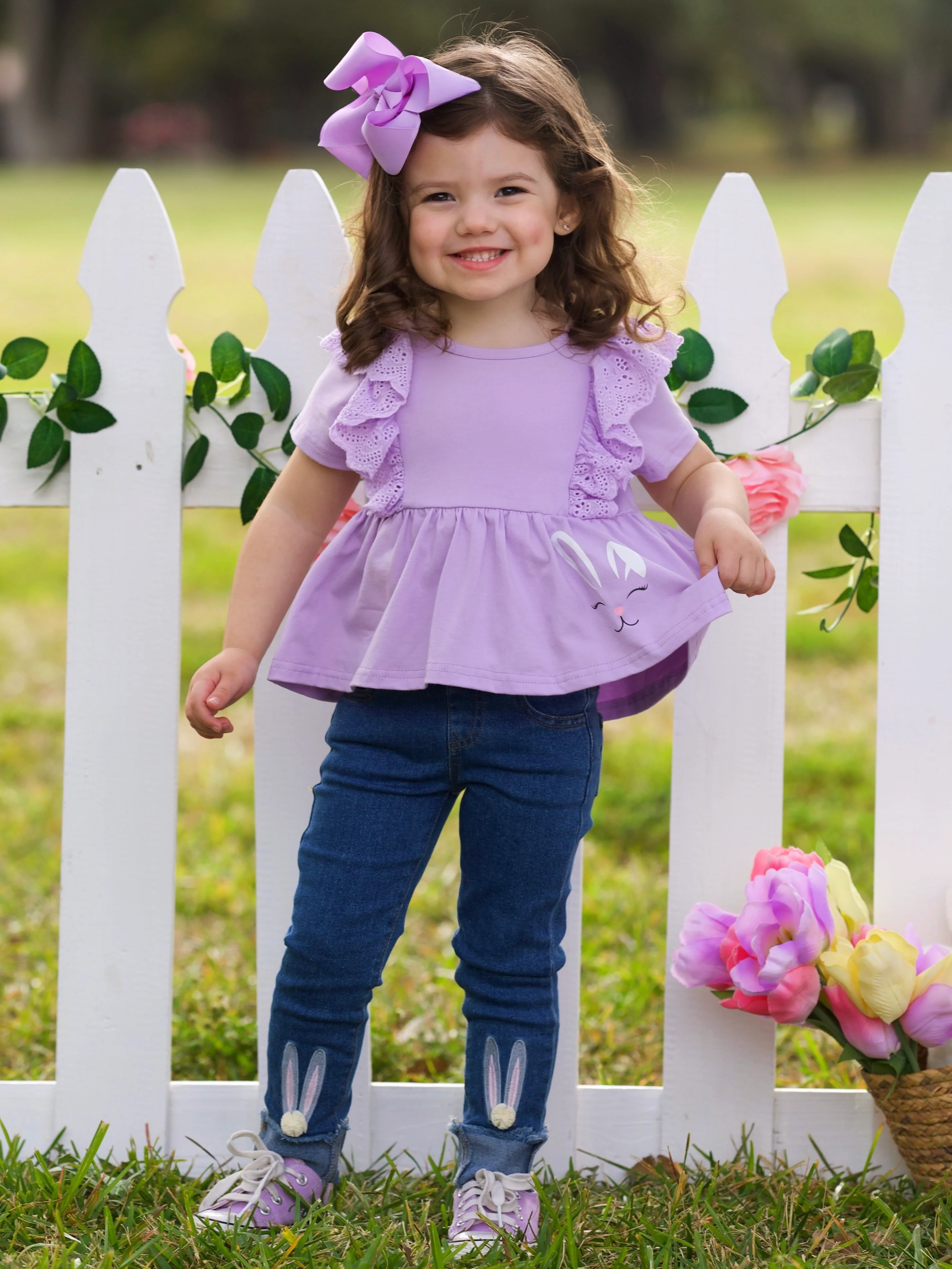 Lilac Bunny Top and Embroidered Denim Set - Image 3