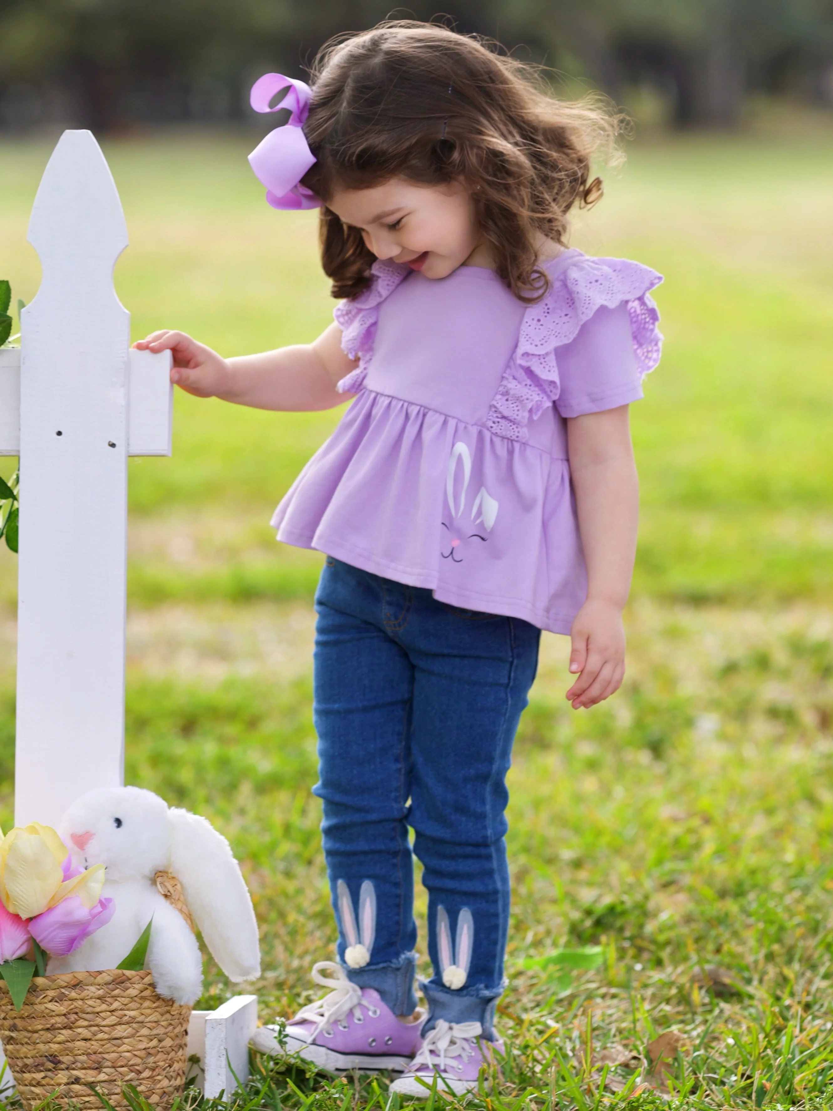 Lilac Bunny Top and Embroidered Denim Set - Image 5