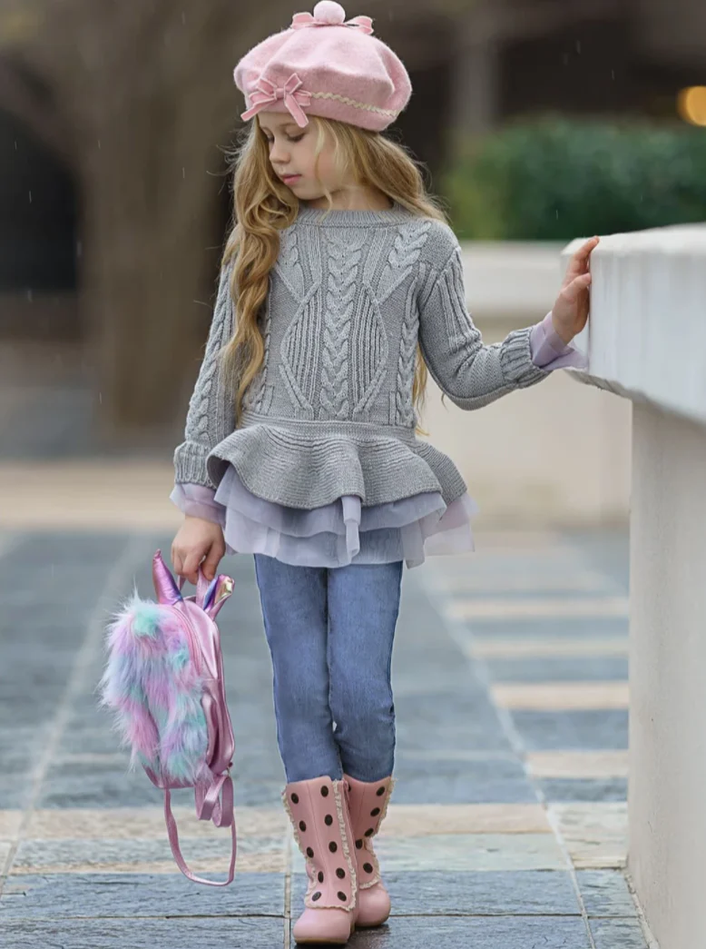 Cute As Pie Ashen Cable Knit Tutu Sweater - Image 3