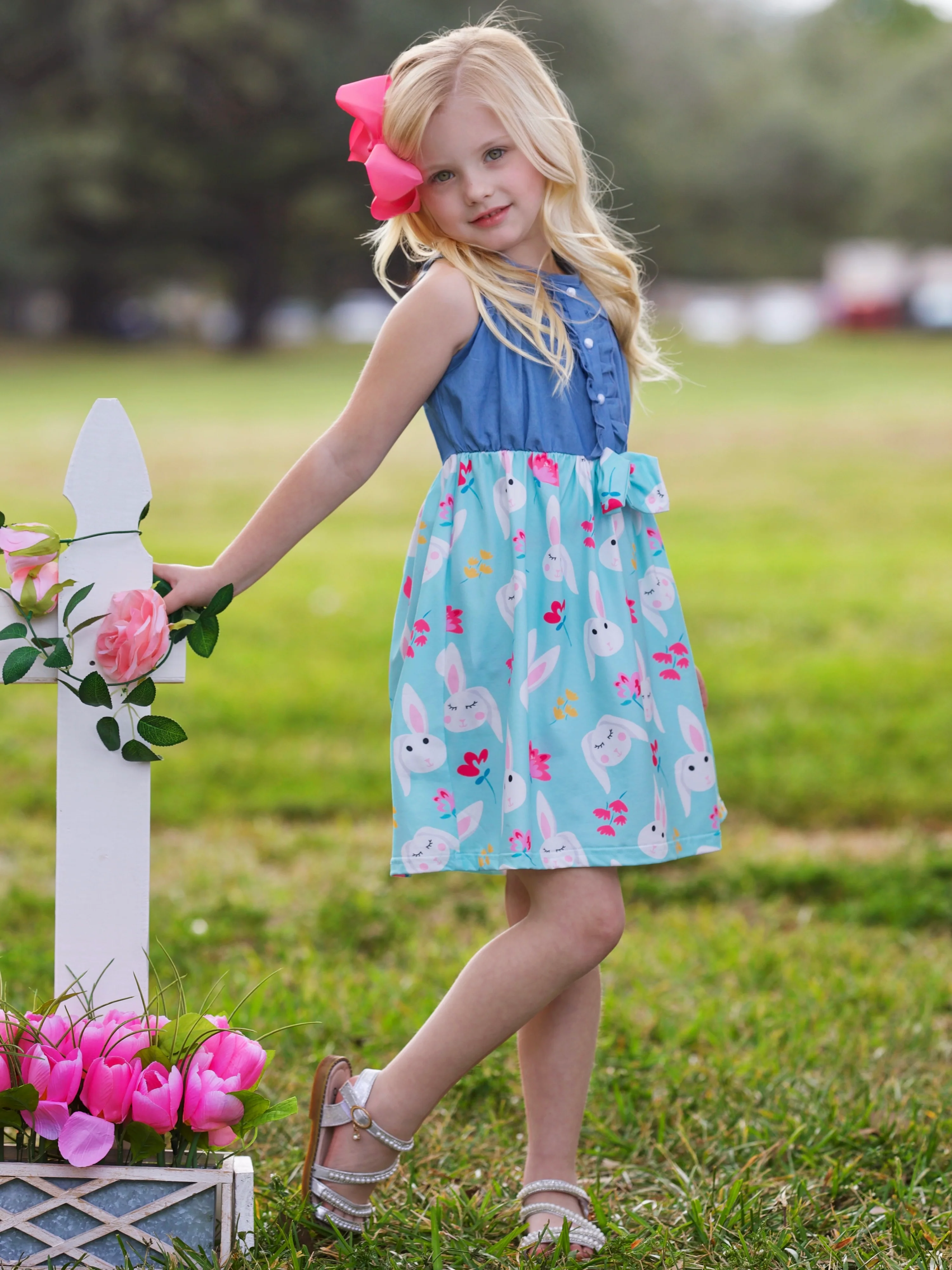 Bunny Bows Chambray Easter Dress - Image 3