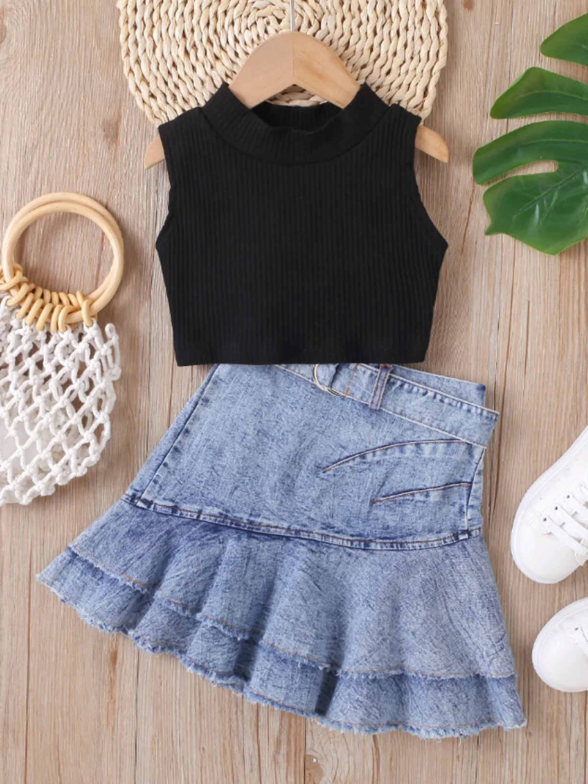 Classic Casual Tank and Pleated Denim Skirt Set - Image 4