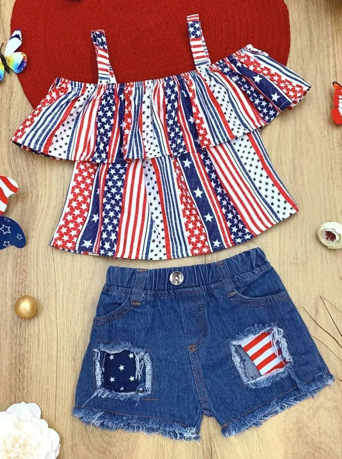 Stars and Stripes Patched Denim Shorts Set - Image 5