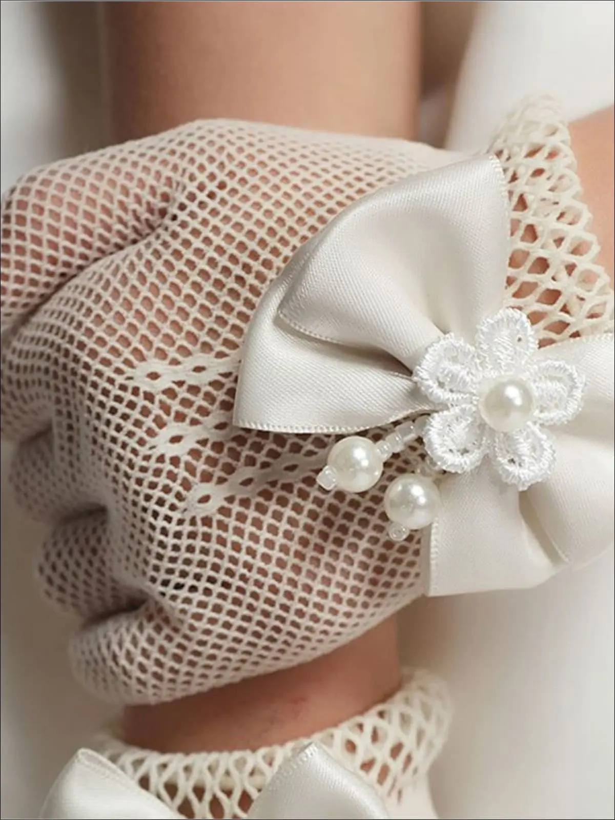 Girls White Pearled Bow Fishnet Gloves - Image 3