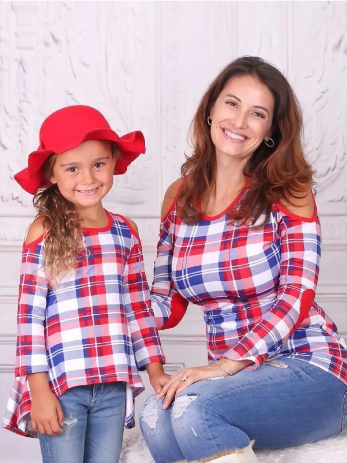 Mommy and Me Royal and Red Plaid Cold Shoulder Striped Hi-Lo Elbow Patch Tunic - Image 3