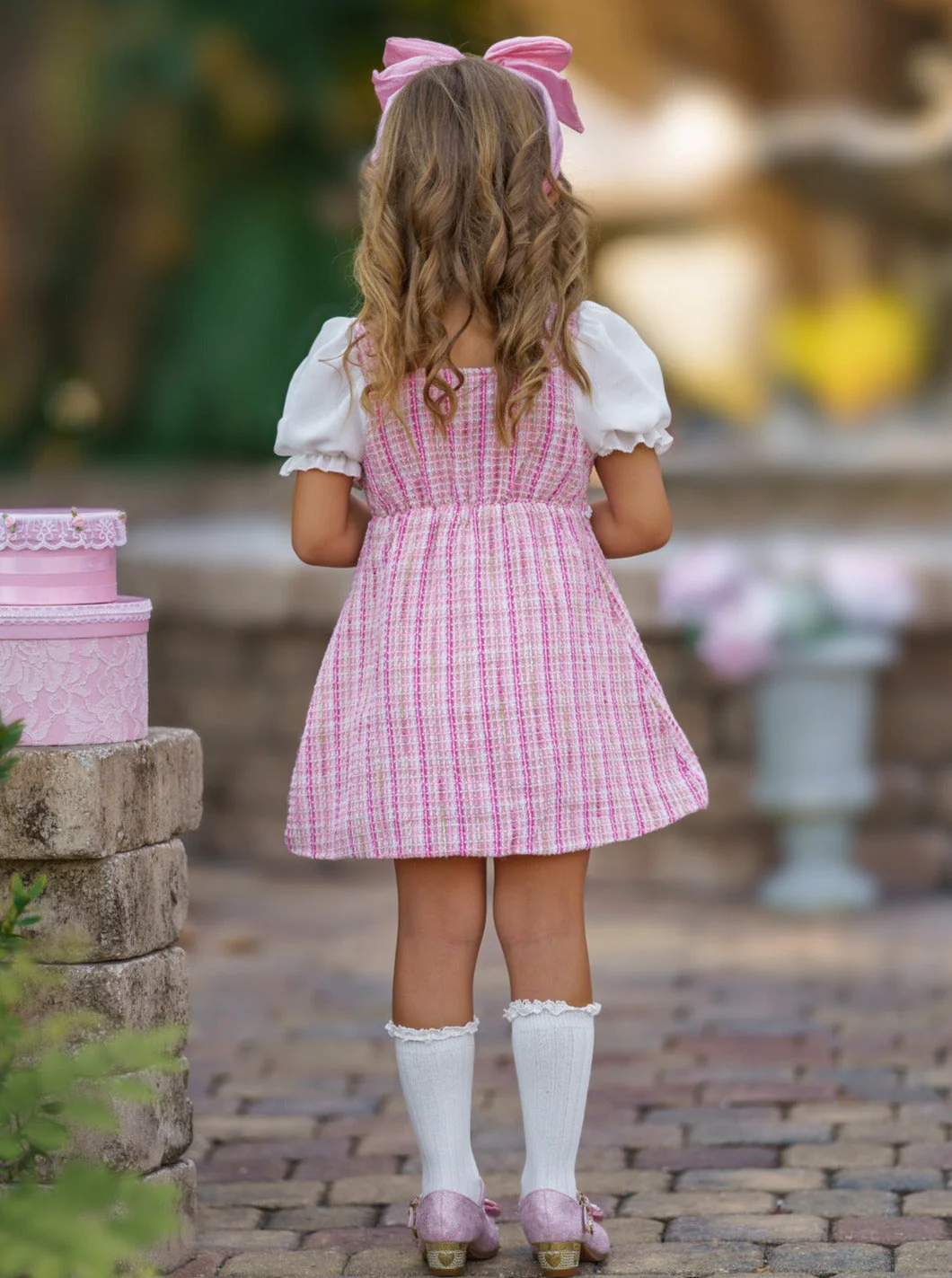 Pink Plaid Pearl Dress - Image 3