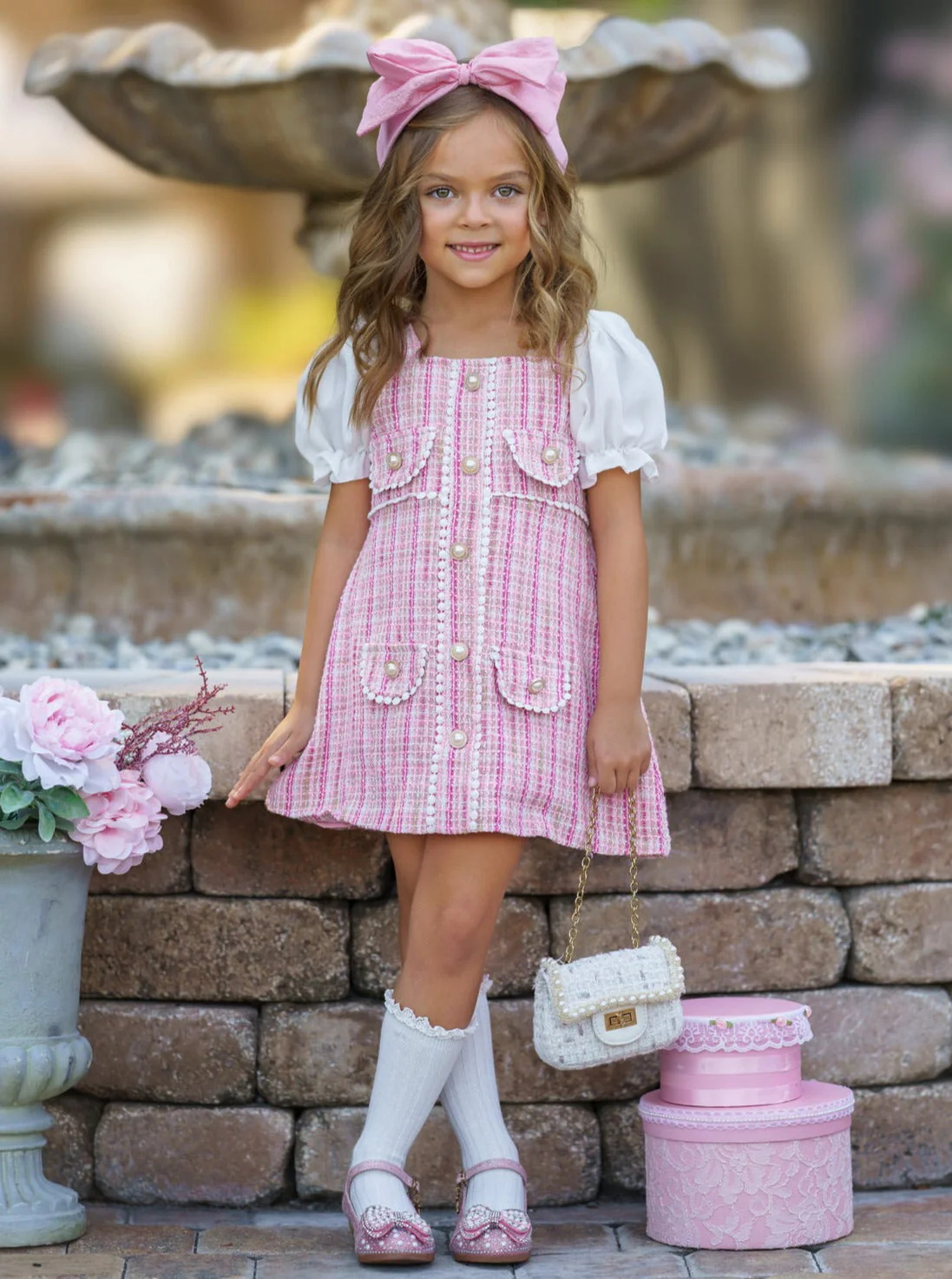 Pink Plaid Pearl Dress - Image 6